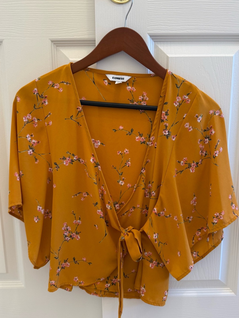 Express Mustard Floral Tie-Front Blouse with Pink Blossoms